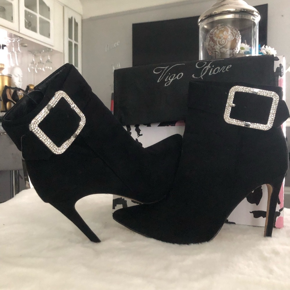 Black Suede Diamond Buckle Booties Ankle Boots